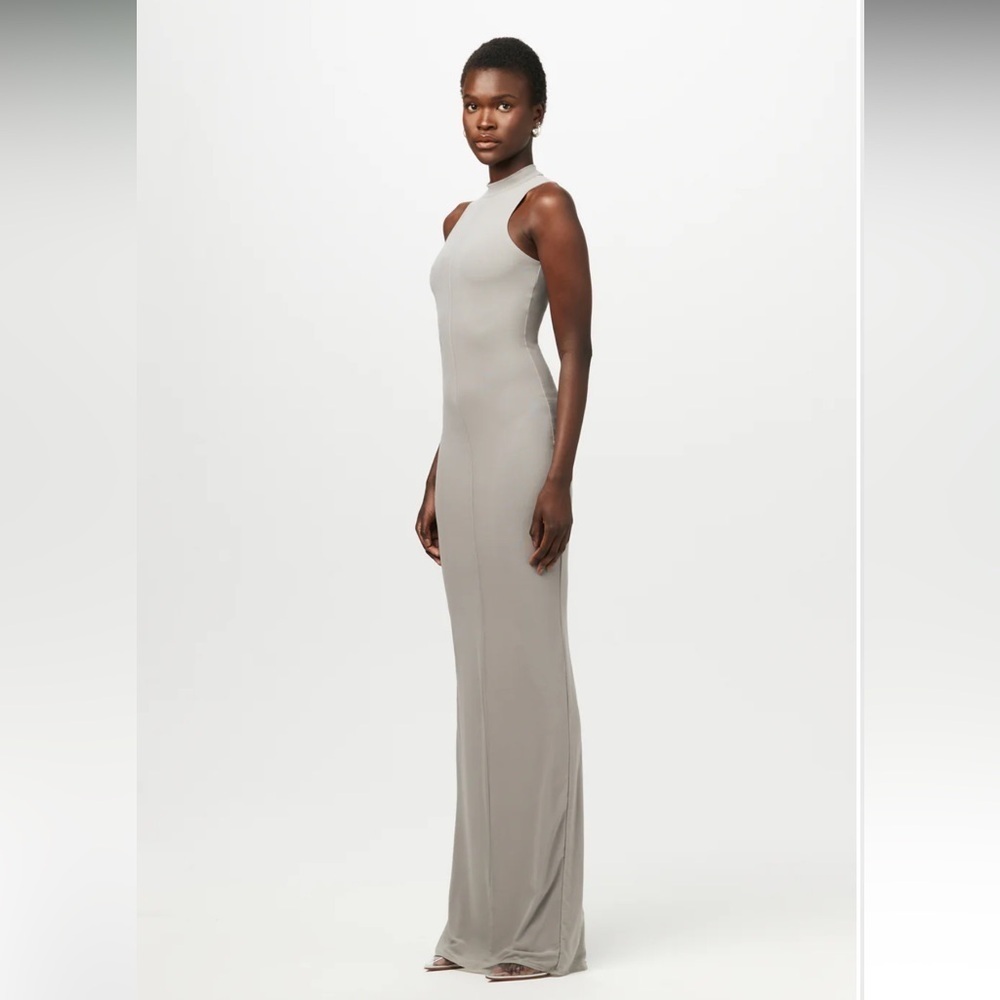 NEW Naked Wardrobe Light Gray Snatched Mesh Sleeveless Maxi Dress With Back Slit